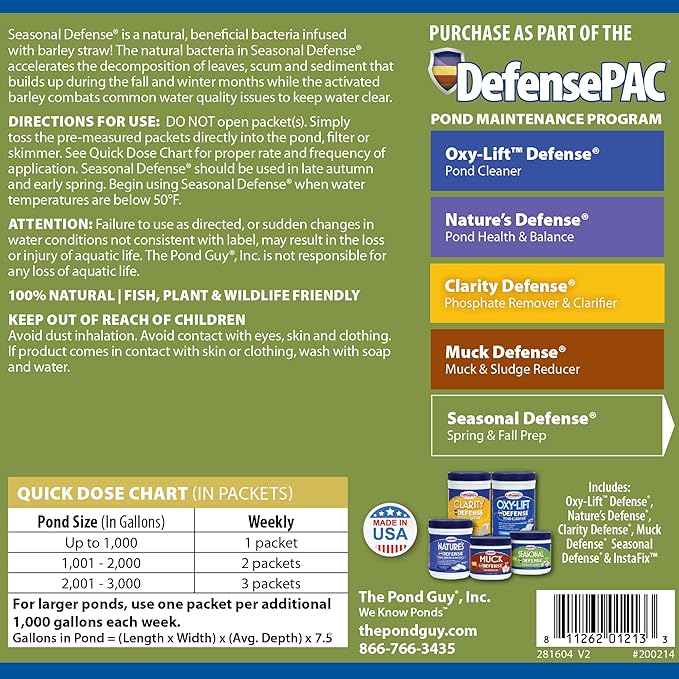 The Pond Guy Seasonal Defense, Spring & Fall Beneficial Bacteria, Barley & Enzymes, Cold Water Pond Sludge & Scum Treatment, Fish & Plant Safe, 12 Packets