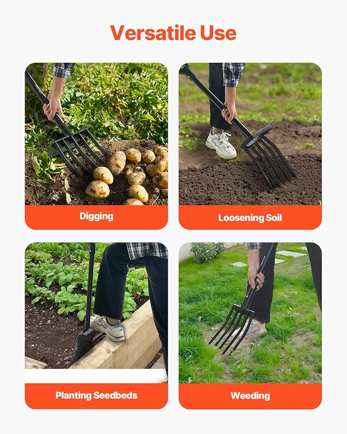 VEVOR Garden Fork, 5-Tine Gardening Pitchfork with Metal Handle, 41 in Heavy Duty Digging Fork with Y Grip, Forged Steel Spading Fork for Hay Potato Composting Transplanting Aeration