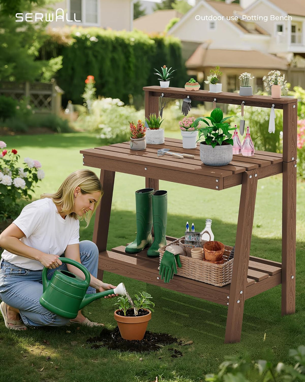SERWALL Potting Bench Outdoor with Storage, 3-Tier HDPE Gardening Table with Angled Legs & Tool Hooks, All-Weather Heavy Duty Potting Table for Patio, Backyard, Garden, Brown