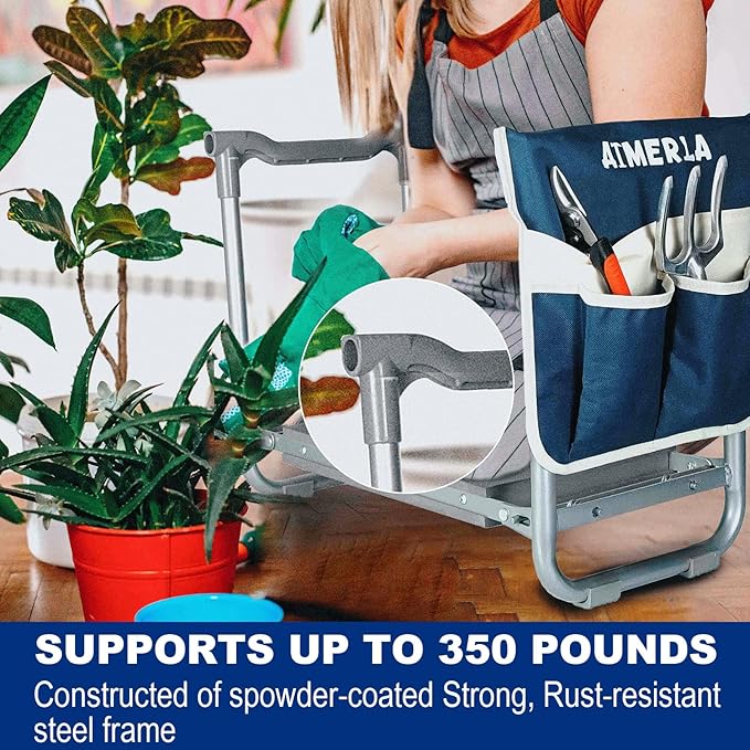 Foldable Garden Kneeler Seat Heavy Duty [Upgraded Widened Thick Kneeling Pad] Garden Stool with Large Garden Tool Bags with Pockets - Portable Garden Bench Gardening Gifts for Parents