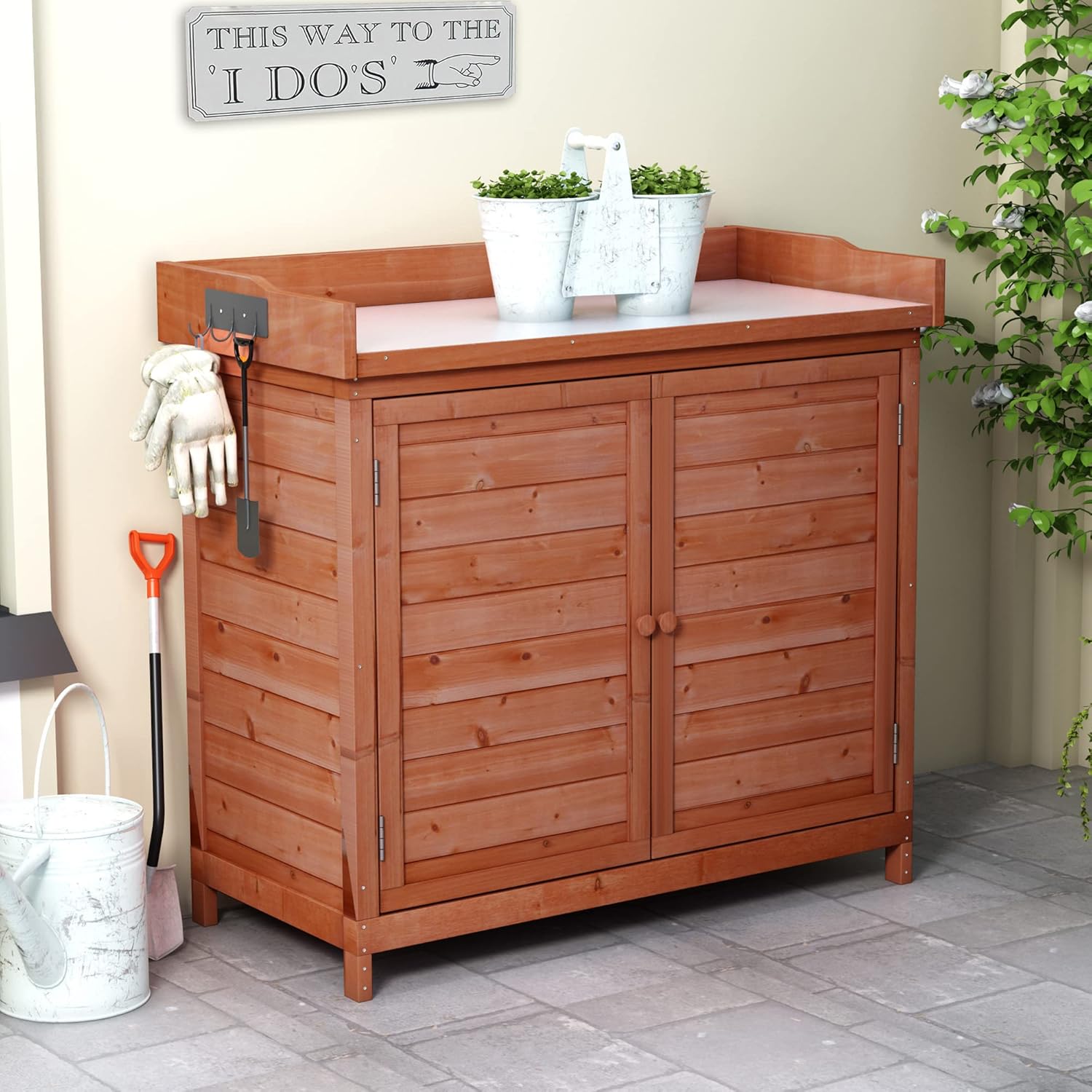 Merax Outdoor 39" Potting Bench Table, Rustic Garden Wood Workstation, Storage Cabinet with 2-Tier Shelves and Side Hook, Orange