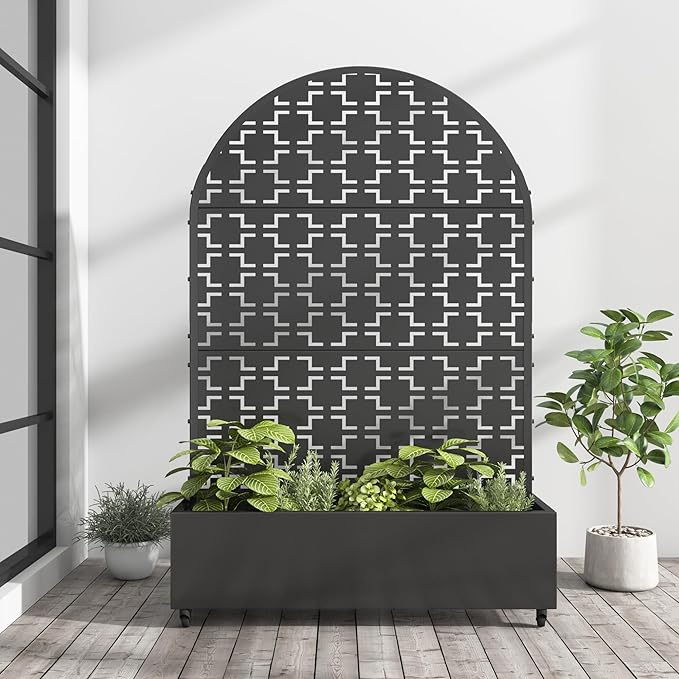 Casaphoria Metal Raised Garden Bed with Trellis and Wheels, 72"x47"x16" Arched Planter Box for Climbing Plants, Vegetables & Vines, Features Drainage Holes and Privacy Screen (Black-Brick)