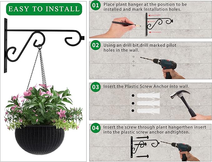 Plant Hook 4Pcs Hanging Basket Hooks,9in Plant Hangers Outdoor/Indoor,Black Plant Bracket Hook for Hanging Flower Baskets,Bird Feeder Hanger
