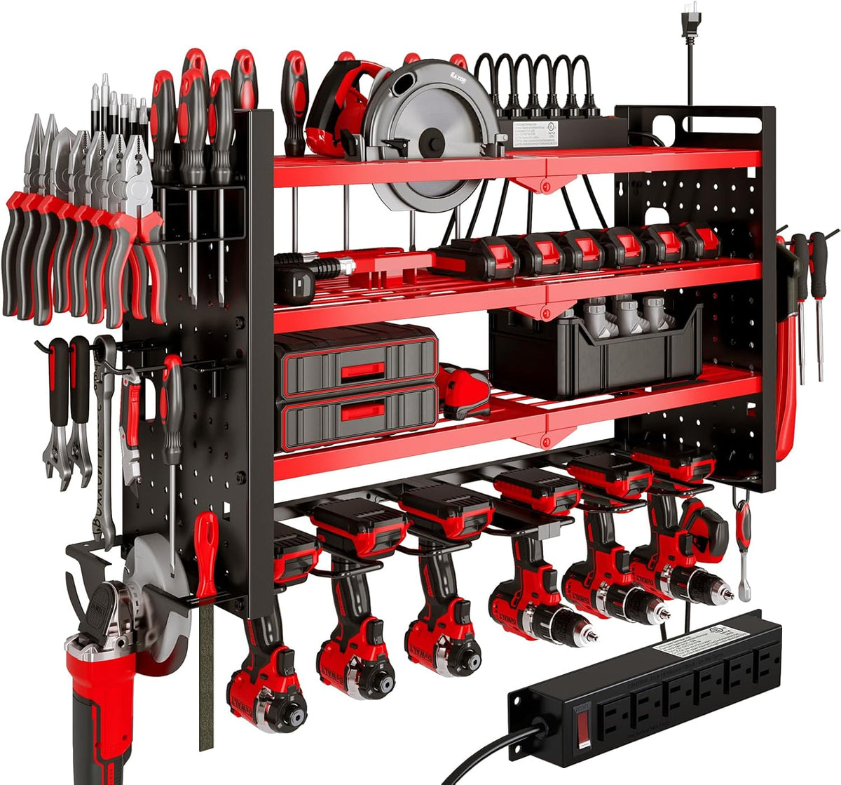 Power Tool Organizer Wall Mount with Charging Station 4 Layer 6 Slot Cordless Drill Holder with Angle Grinder Holder (Red)