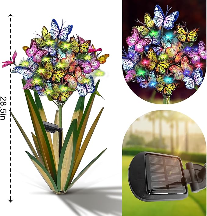 Solar Metal Agave Butterfly Flower Stick Garden Sculpture - Outdoor Gift, Christmas Lights, Swaying Butterfly, Sunflower - Solar Outdoor Statues (3 PCS Light Green)