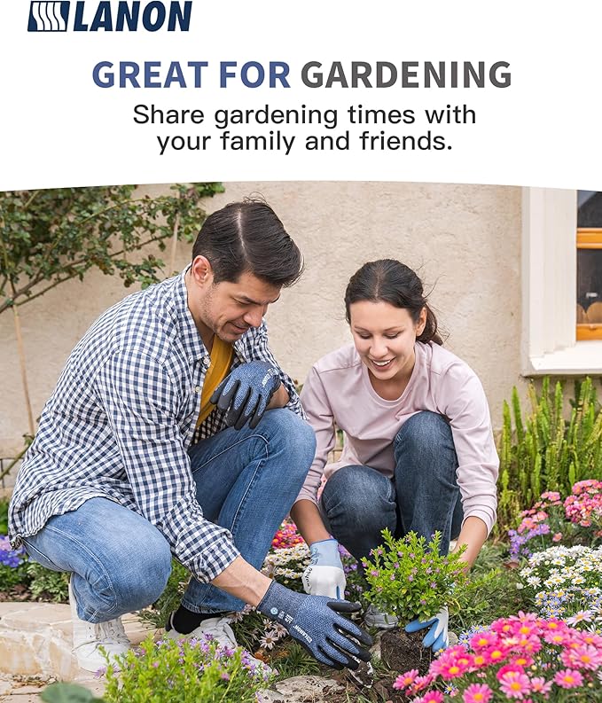 LANON Gardening Gloves for Men Women, 2 Pairs Nitrile Coated Garden Gloves with Grip, Breathable B.COMB AIR Technique, Dusty Olive & Bluebird, XLarge