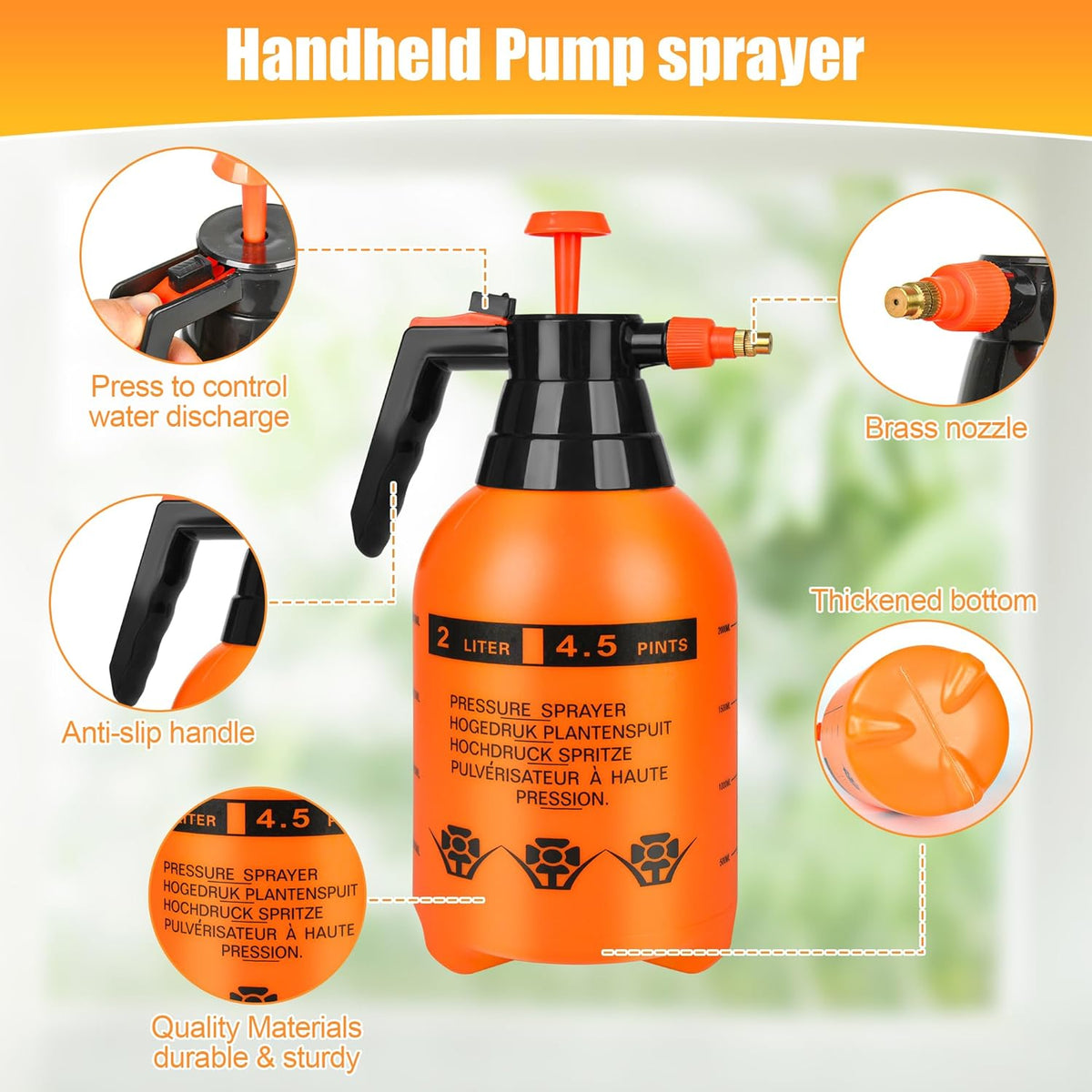 3 Pcs 1/2 Gallon Plastic Handheld Pump Sprayer – Garden Pressure Sprayer Bottle with Adjustable Nozzle for Plants, Cleaning, Household Tasks – Orange