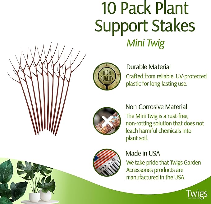 Twigs - Plant Support Stakes for Indoor, Outdoor & Climbing Plants, Gardening Supplies, Garden Accessories, Trellis & Ring Alternative, Made in USA - Begonia (Red), 10 Pack, 12" L, Mini Twigs