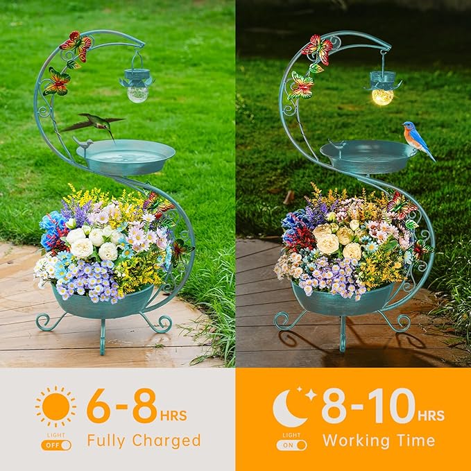 Bird Bath for Outside with Solar Lamp, 36" Birdbaths for Outdoors with Planter Flower Pot, Metal Bird Bath Bowl for Garden Yard Decor (All Blue Green)