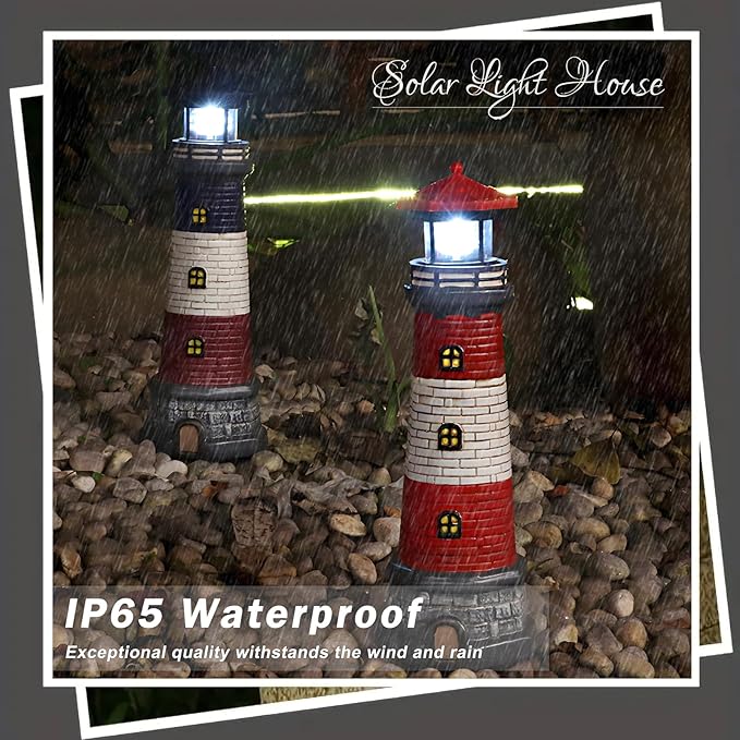 Solar Lighthouse Garden Outdoor Statues, Waterproof Lawn Lights Decor; Automatic Rotating Solar Lights for Yard, Patio, Ground, Tabletop Decoration; Unique Housewarming Gifts - 2PACK