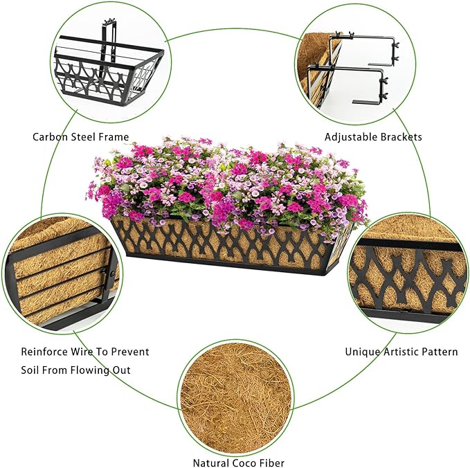 2 Pack 24 Inch Window Boxes Planters Railing Planter Box with Adjustable Brackets for Porch Fence Patio Balcony Hanging Flower Baskets with Coco Liners for Outdoor Garden Décor - Black