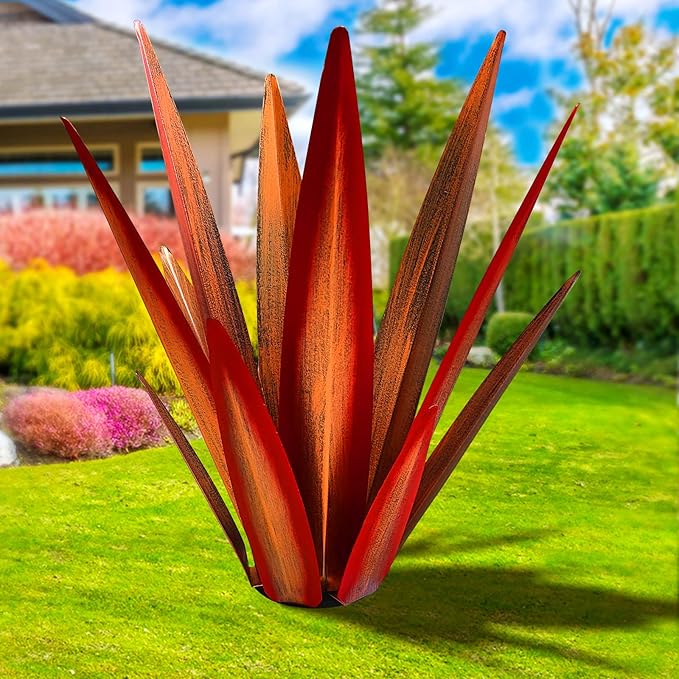 Large Tequila Rustic Sculpture, Rustic Metal Agave Plants for Outdoor Patio Yard, Home Decor Hand Painted Garden Yard Statue, Lawn Ornaments Yard Stakes (Red - L)