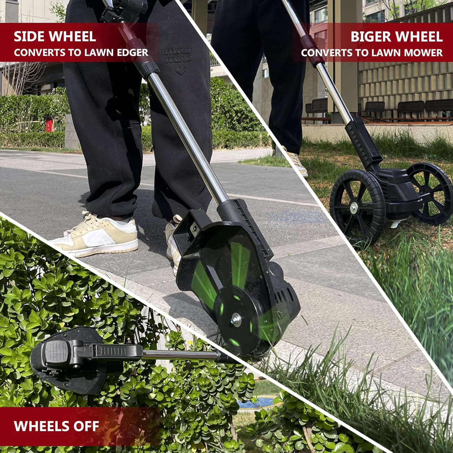 Electric Weed Wacker Eater Cordless Battery Powered, Weed Trimmer 21V Lightweight No-String with 2 Battery Operated & Wheels, 3 in 1 Stringless Grass Trimmer/Edger/Brush Cutter for Garden Yard Lawn