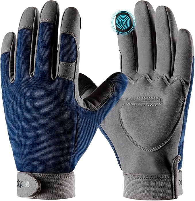 COOLJOB Thorn Proof Garden Gloves with Touchscreen Fingers for Men, Rose Pruning Work Gloves with Palm Cushion for Gardener, Farmer and Landscaper (Navy 1 Pair Small)