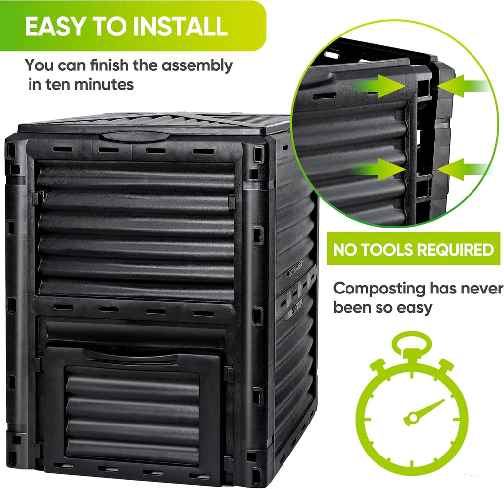 F2C Garden Compost Bin from BPA Free Material -80 Gallon(300 L) Large Compost Bin Aerating Outdoor Compost Box Easy Assembling, Lightweight, Fast Creation of Fertile Soil, Black