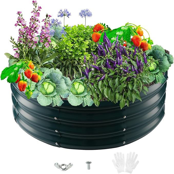 Durable Round Steel Raised Garden Bed Painted for Planting Vegetable/Herbs/Flowers/Trees at Backyard/Garden,or Baby Chicken,Christmas Tree Fence (Dark Green, 32 ins Diameter x 12 ins high)
