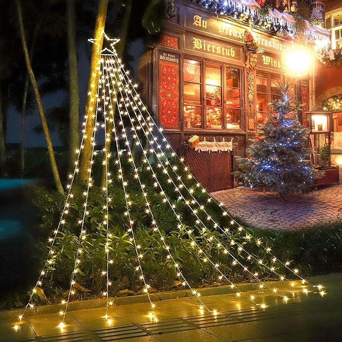 cerflyer (New) Christmas Decoration, String Lights with 12/'' Iron Star Tree Topper, 320 LED 8 Modes Waterproof Indoor Outdoor for Home, Christmas, Holiday - Warm White, YLS1000WD01