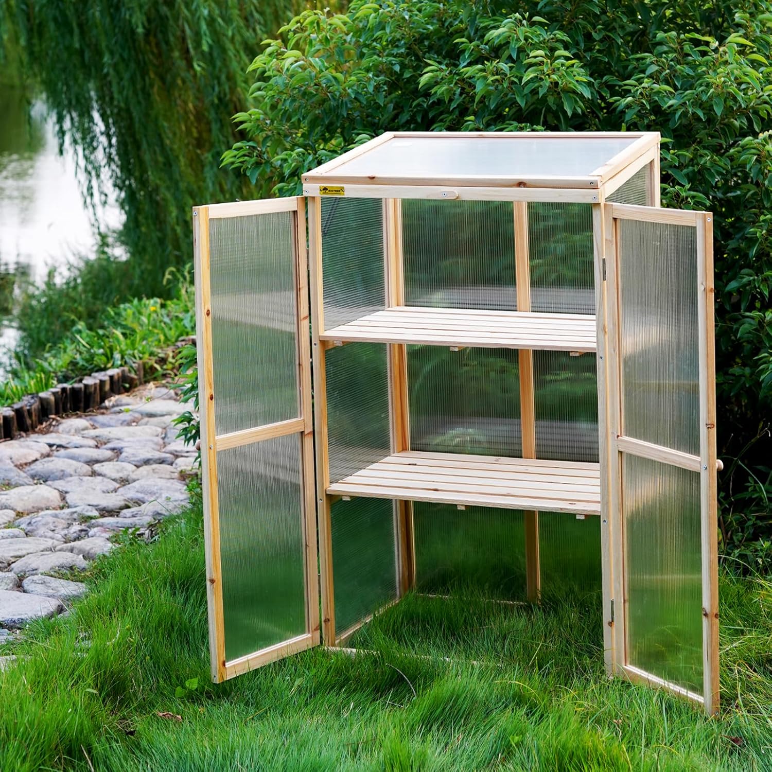BIGTREE Wooden Green House Mini Greenhouse Indoor/Outdoor Nursery Vented Cold Frame Portable Garden Planter Raised Plants Top Opening Door (27"X19"X47")