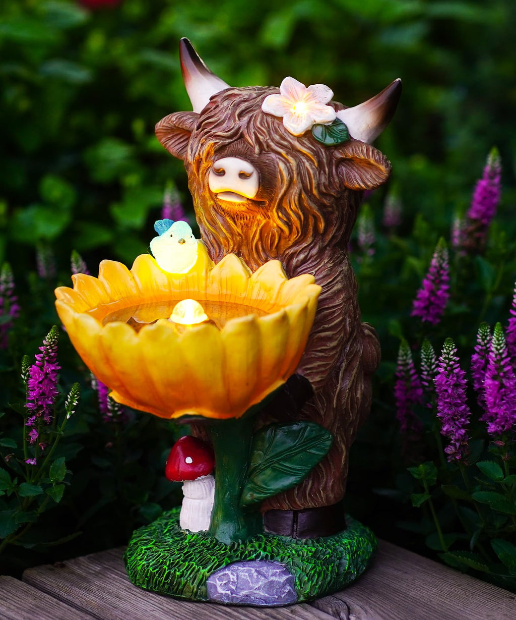 Nacome Solar Highland Cow Garden Decor Outdoor Statue Brown Realistic