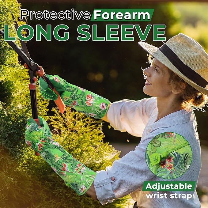 HANDLANDY Women Gardening Gloves, Thorn Proof Breathable Ladies Rose Pruning Long Gauntlet Floral Print Garden Yard Gloves, Gift for Gardeners (Green, XL)