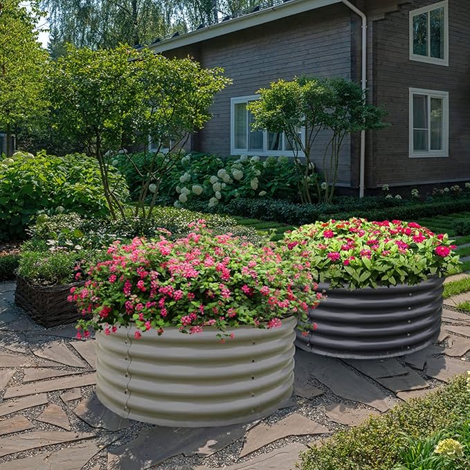 Olle 17" Tall, 42" Round Metal Raised Garden Bed Kits, Planter Raised Beds for Gardening, Raised Flower Bed Galvanized Planter Box, 3.5 * 3.5 * 1.4Ft,Ivory