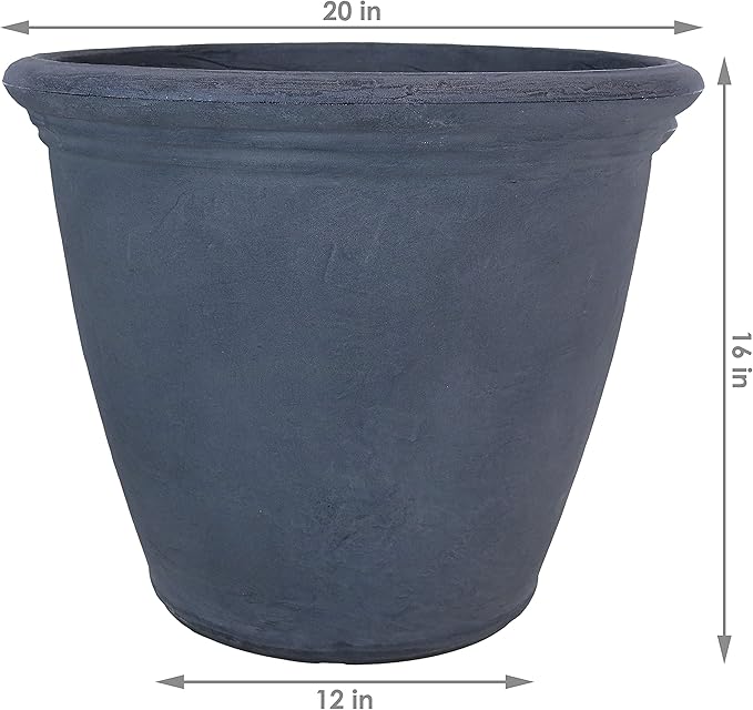 Sunnydaze 20-Inch Anjelica Large Plastic Pot for Plants - Outdoor Polyresin Round Planter with Drillable Drainage Holes - Slate - 2pk