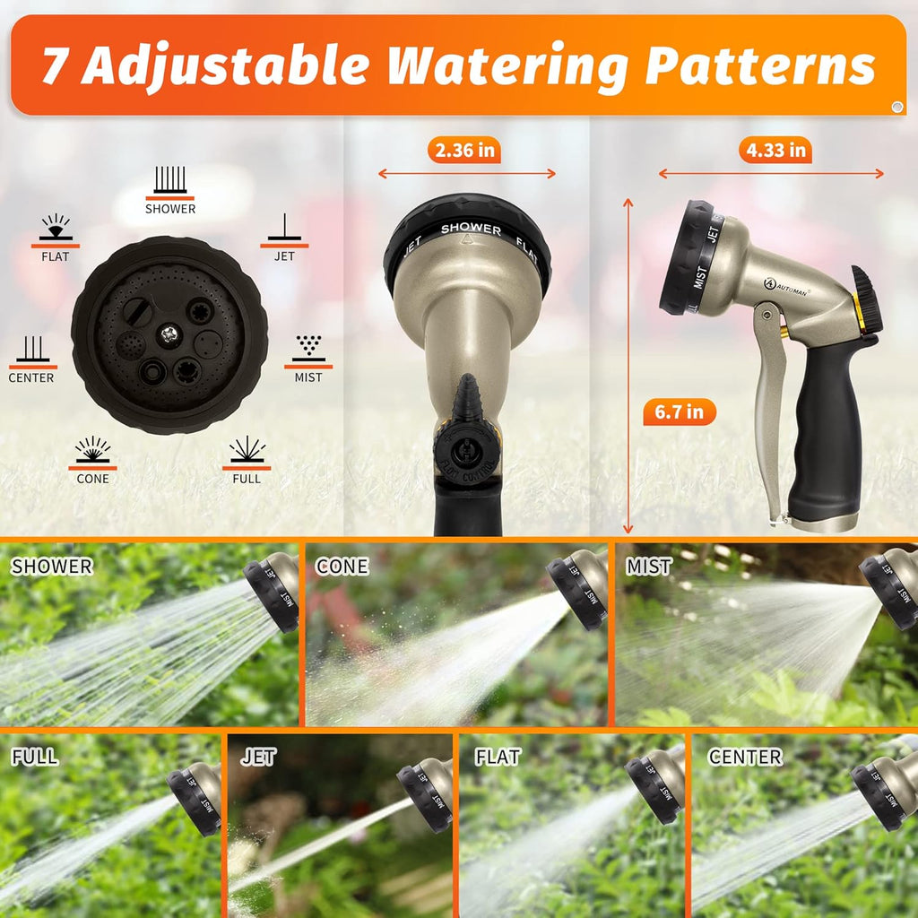 Pattern Sprayer AUTOMAN Garden Hose Nozzle - 7 Patterns Sprayer, 100% Metal High Press ...