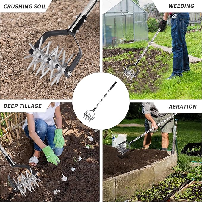 Rotary Cultivator Tool, Adjustable Garden Hand Tiller Cultivator, Long Handle Rotary Cultivator, Aerate, Weed, Plant, Garden Cultivator for Soil Mixing or Reseeding Grass