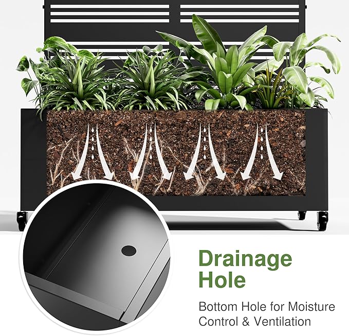 Casaphoria Metal Raised Garden Bed with Trellis and Wheels, 72"x47"x16" Planter Box for Climbing Plants, Vegetables & Vines, Features Drainage Holes and Privacy Screen (Black-Spring)