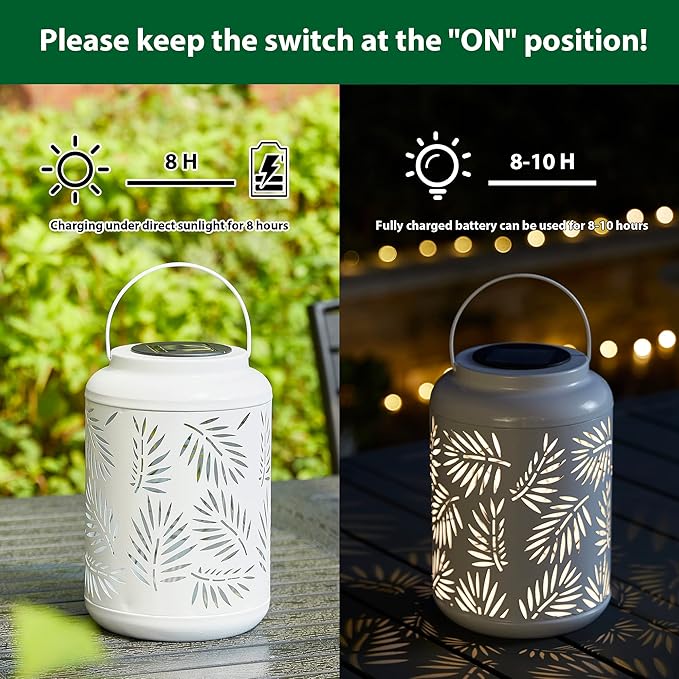 Glitzhome Solar Lantern White Metal Cutout Leaf Outdoor Hanging Solar Light with Handle for Garden Patio Yard Outdoor Decor