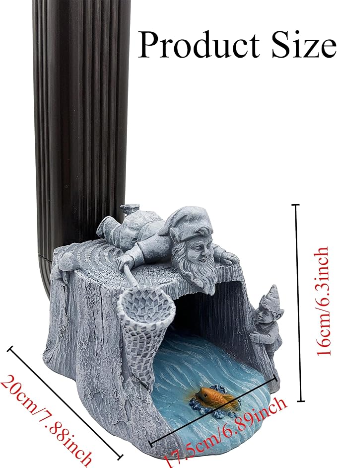 Gnome Fishing 3"x4" Gutter Downspout Splash Block Decor, Garden Outdoor Animal Resin Statue & Sculpture, Gutter Diverter Rain, Decorative Gutter Extension Downspout, Eco-Friendly