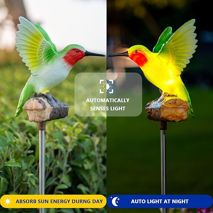 Birdsong Hummingbird Garden Decor Statues Stake Figurine Solar Lights for Outside Lawn Yard Porch Patio Flowerbed Christmas Decorations Outdoor for Moms Birthday (Green Hummingbird)