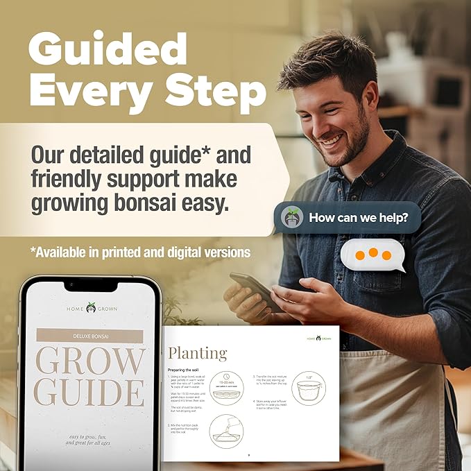 HOME GROWN Bonsai Tree Kit – Easy to Grow 4 Species of Bonsai w/Our Complete Plant Kit: Bonsai Pots & Peat Pellets Including a Bonus in-Depth Grow Guide - Great Gardening Gifts for Women and Men