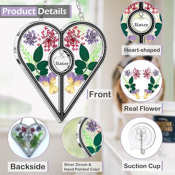 KY&BOSAM Heart Suncatcher Sister Stained Glass for windsows Hanging Wind Chimes with Pressed Real Flower Heart in Glass with Metal Trim Heart Charm Birthday Gift for Sister Mothers Day Christmas Decor