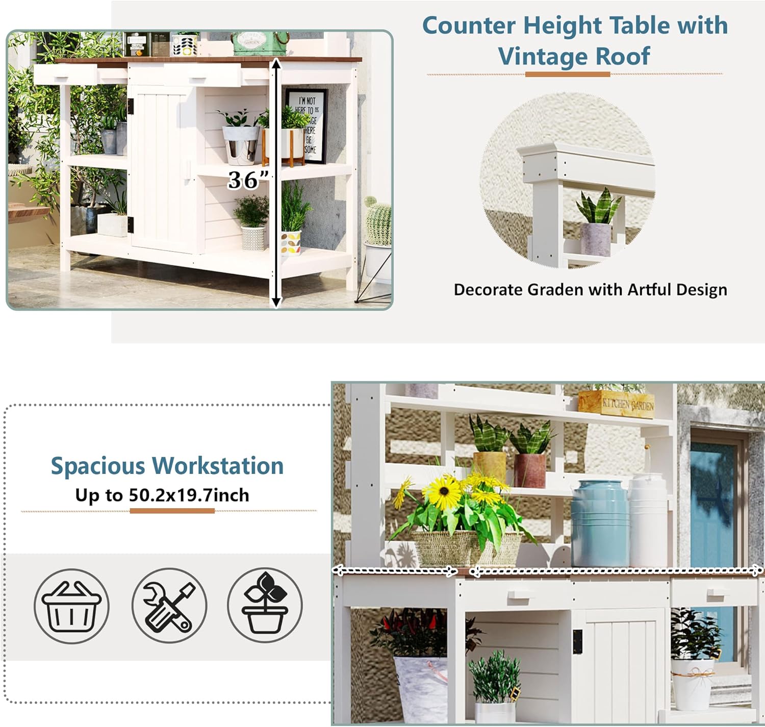 Merax 66" Large Outdoor Farmhouse Wooden Potting Bench Table, Garden Workstation with 2 Drawers, Cabinet, and Open Shelves for Backyard, Mudroom, White