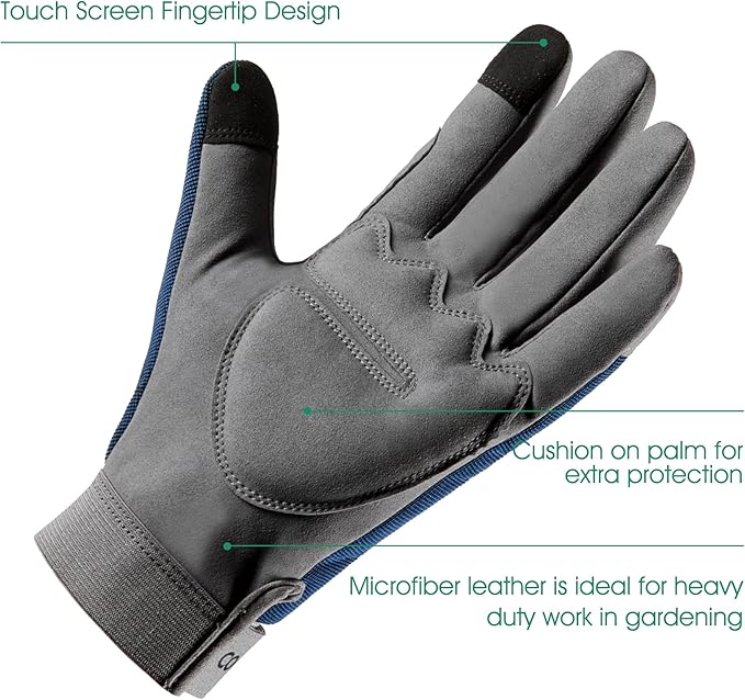 COOLJOB Thorn Proof Garden Gloves with Touchscreen Fingers for Men, Rose Pruning Work Gloves with Palm Cushion for Gardener, Farmer and Landscaper (Navy 1 Pair Small)