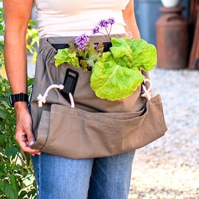 Roo Gardening Apron with Pockets & Harvesting, Picking Pouch - Adjustable, Water-resistant, Washable Canvas Cotton