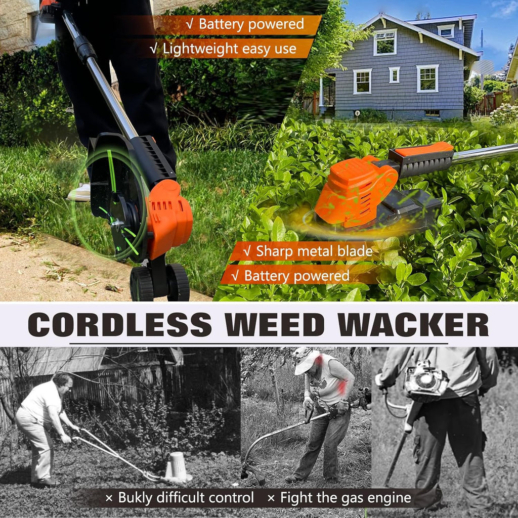 Electric Weed Wacker Eater Cordless Battery Powered, Weed Trimmer 21V Lightweight No-String with 2 Battery Operated & Wheels, 3 in 1 Stringless Grass Trimmer/Edger/Brush Cutter for Garden Yard Lawn