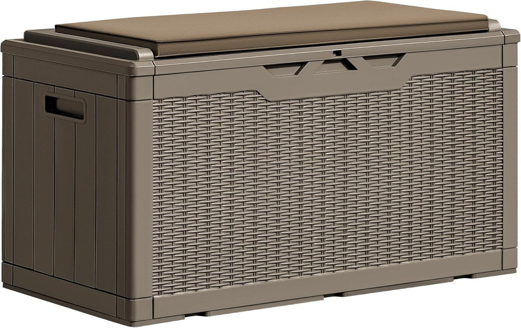 Greesum 100 Gallon Resin Deck Box Large Outdoor Storage Boxes with Cushions for Garden Tools, Patio Furniture Pillows, Pool Supplies, Light Coffee