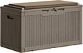 Greesum 100 Gallon Resin Deck Box Large Outdoor Storage Boxes with Cushions for Garden Tools, Patio Furniture Pillows, Pool Supplies, Light Coffee