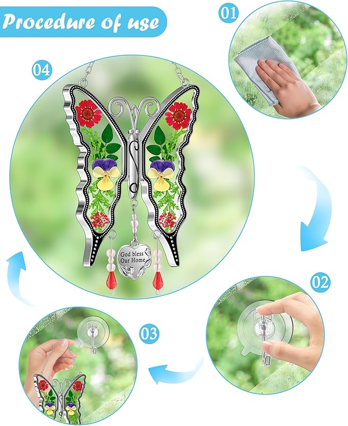 KY&BOSAM Butterfly Suncatcher God Bless Our Home Ornaments Stain Glass Sun Catchers for Windows Hanging Wind Chime Silver Charm Gifts for Home Mother`s Day Valentine's Birthday Thanksgiving Christmas