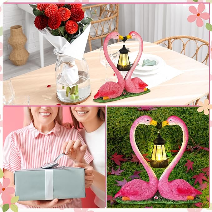 Kiss Flamingo Statue Garden Decor with Solar Lights LED Outdoor Decoration Figurines for Yard Patio, Porch, Home, Flamingo Gift for Mothers Day, Women, Mom, Grandma Anniversary Couple Wife