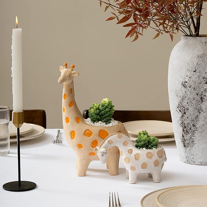 LA JOLIE MUSE Ceramic Giraffe Succulent Planter Animal Plant Pots - 11.4 + 4.9 Inch Tall Cute Rough Pottery Indoor Flower Pots, Home Decor