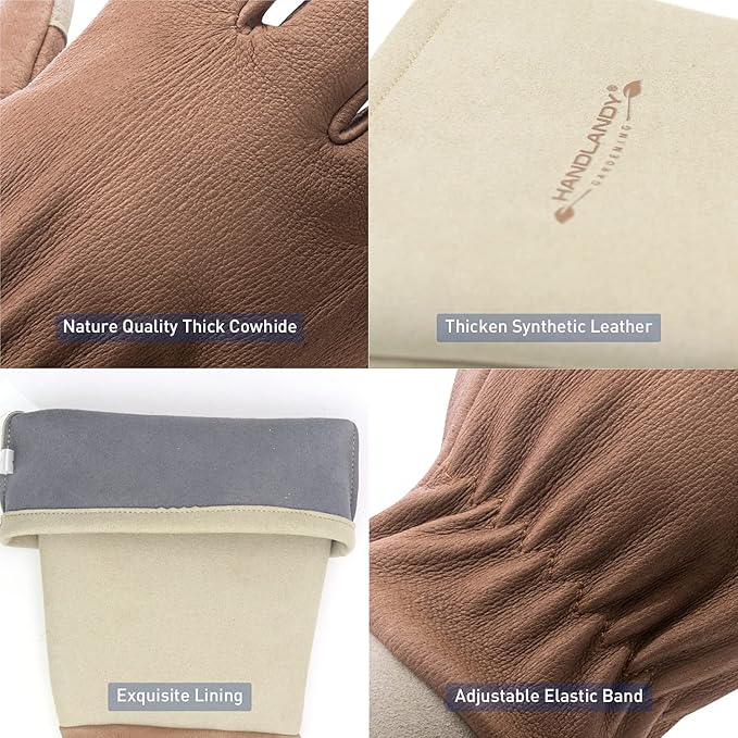 HANDLANDY Long Gardening Gloves for Men & Women, Thorn Proof Rose Pruning Gloves Leather Gauntlets Garden Glove Yard Work Glove (Large, Brown)
