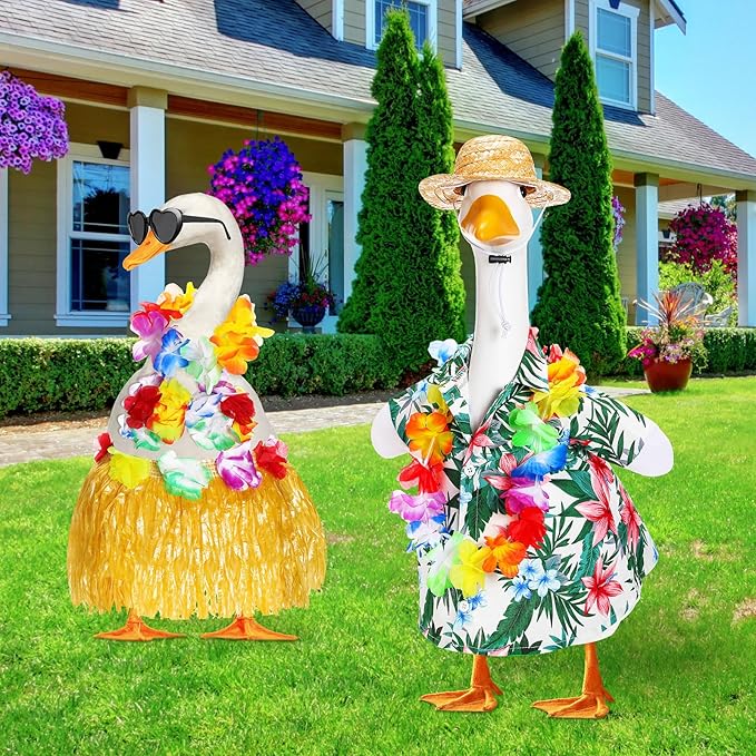 2 Set Hawaiian Luau Porch Goose Outfit for Lawn 23'' Plastic Goose Clothes Costume Summer Outdoor Decor(Hula Skirt)