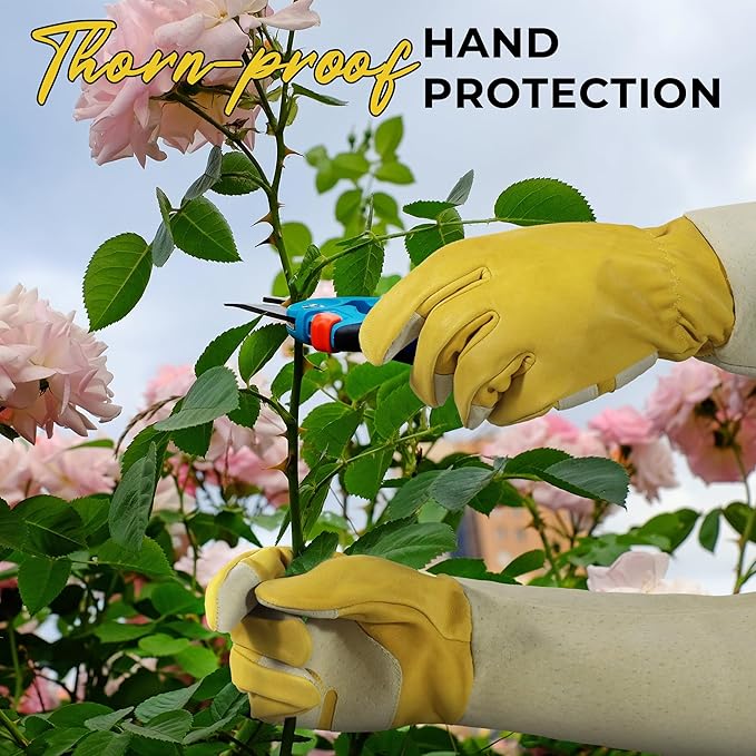 HANDLANDY Rose Pruning Gardening Gloves for Men Women, Thorn Proof Forearm Protection Leather Garden Gloves, Gardening Gifts for Gardeners (Yellow- Goatskin, X-Large (Pack of 1))