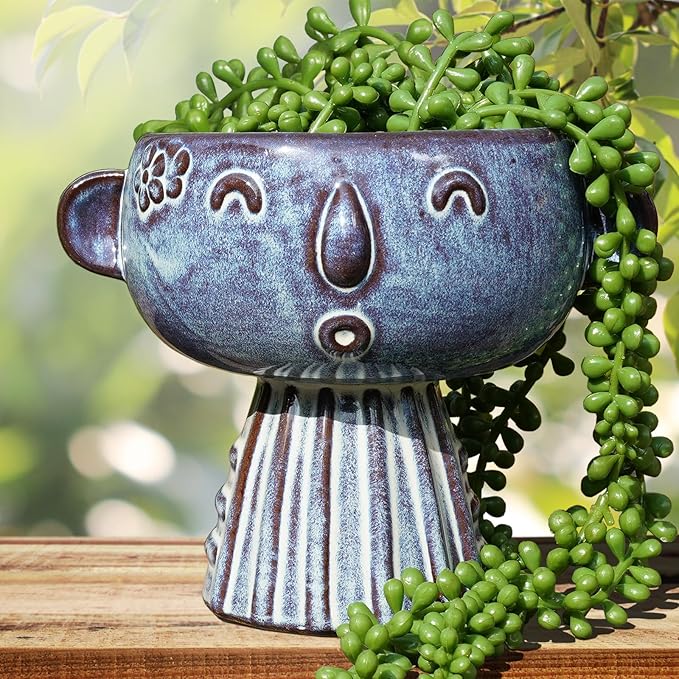 Planter, Ceramic Cute Face Flower Pot Head, Indoor Outdoor, Drainage Hole, 7x5x6 inches, Light Blue