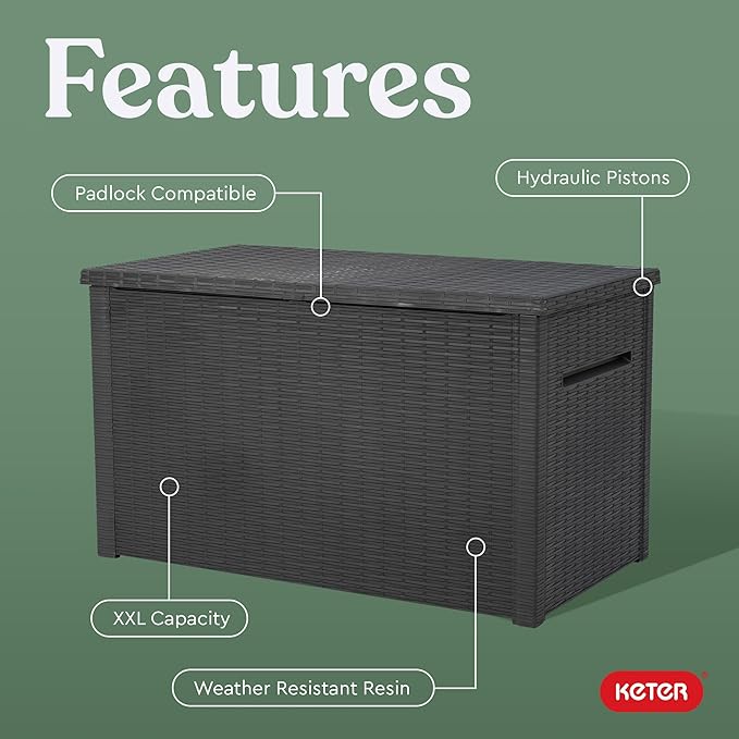 Keter Java XXL 230 Gallon Resin Rattan Look Large Outdoor Storage Deck Box for Patio Furniture Cushions, Pool Toys, and Garden Tools, Dark Grey