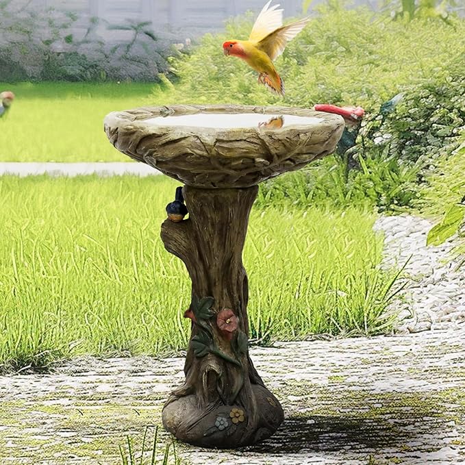 SKYFIRE 25.5” H Concrete Birdbaths for Outdoors -Large Woodland Tree Trunk Yard Statue Decoration，Vintage Birdbath with Bird Figurines Yard Statue for Garden, Patio, Lawn, Backyard