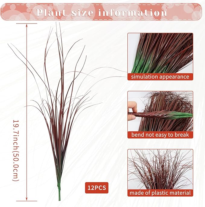 12Pcs Artificial Grass Plants, Faux Shrubs Wheat Grass, Artificial Tall Grasses Fake Plants for Outdoor Decor,Artificial Greenery Stems Weed for Room Indoor Home Decor（Red）